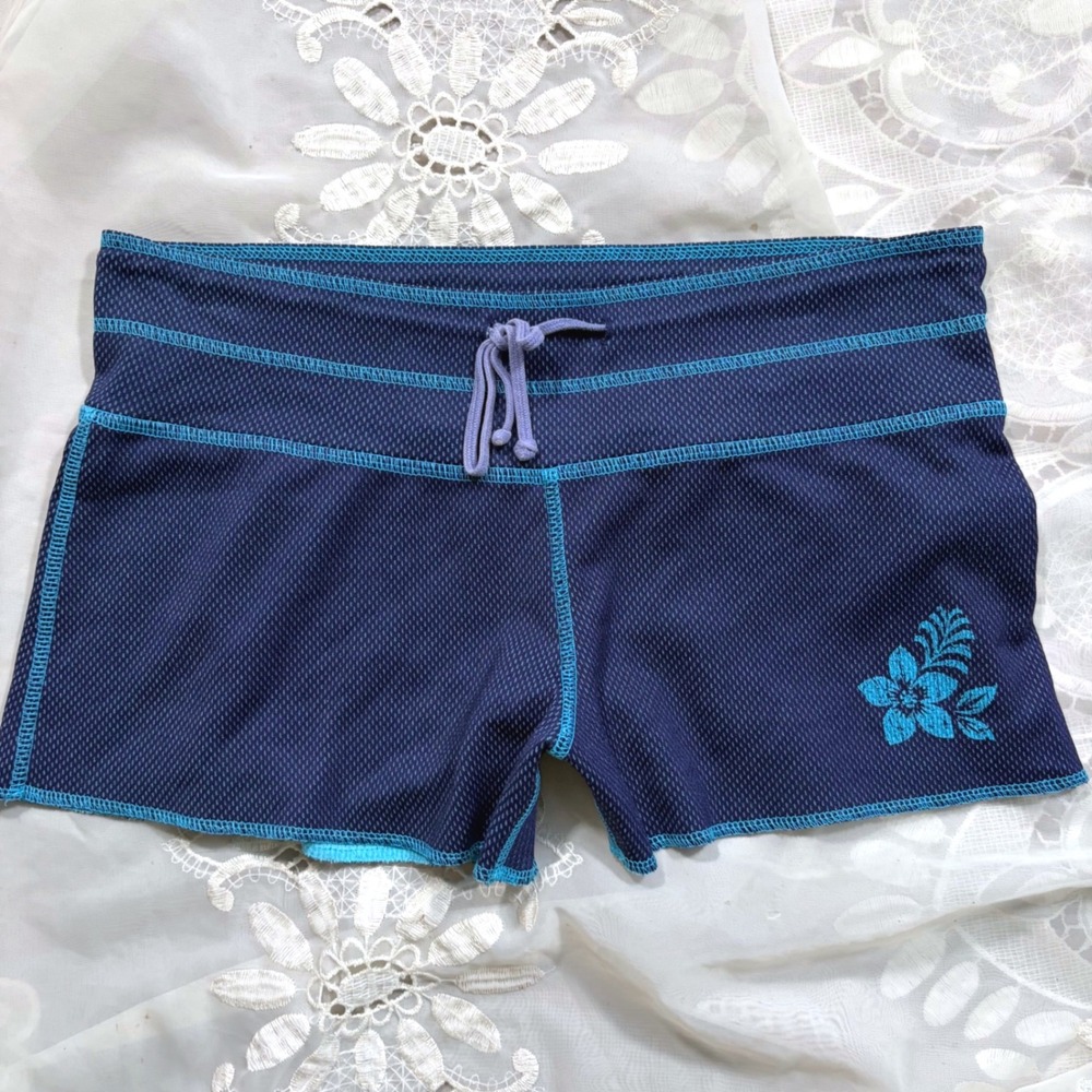 Y2K Surf Angel Navy Blue Mesh Board Shorts Hibiscus Floral Women S